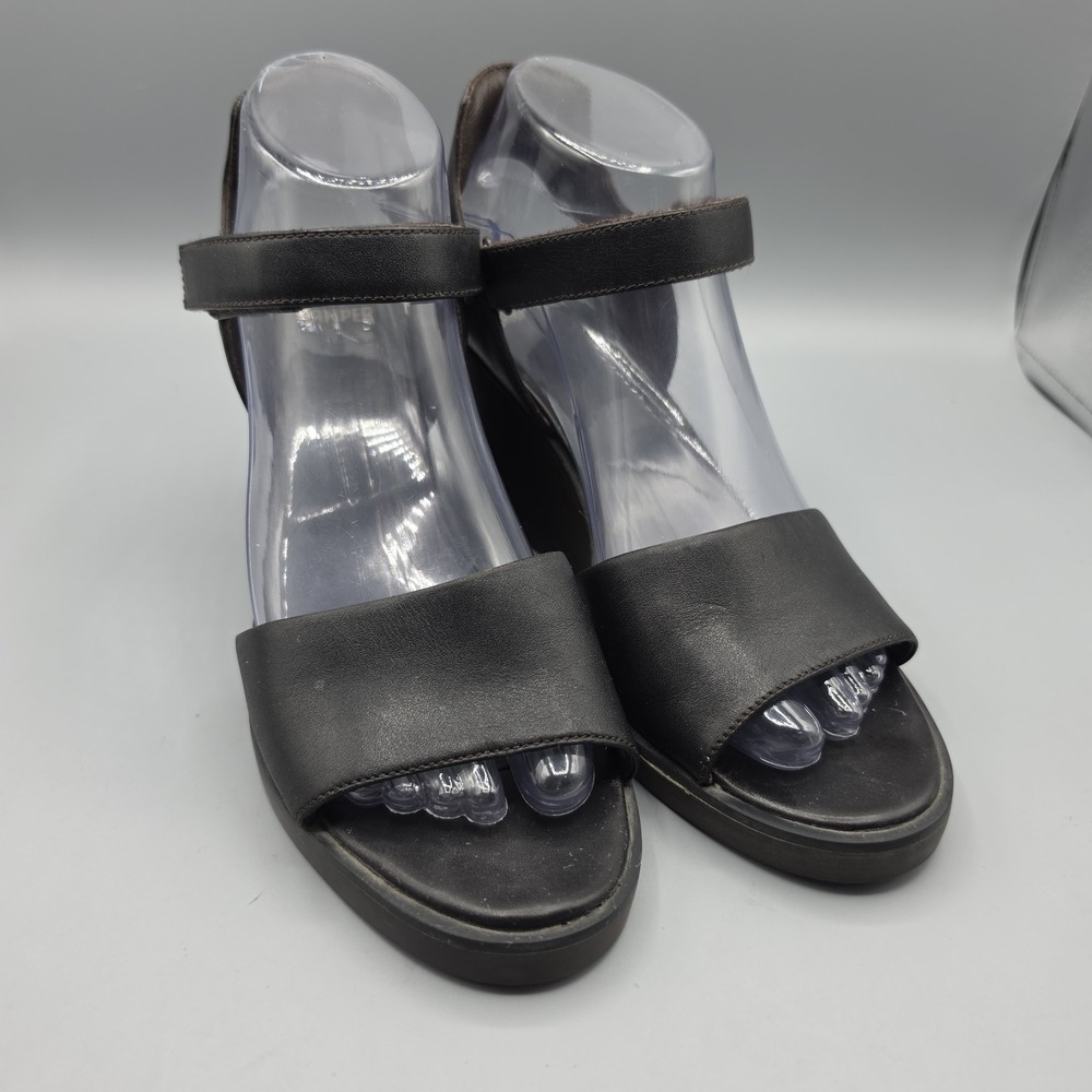 CAMPER Sandals Womens 38 Black Leather Wood‎ Wedge High Heel Ankle Strap